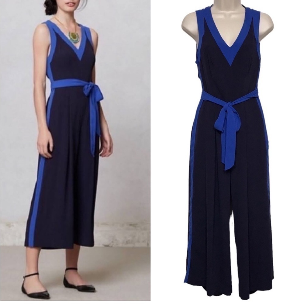 elevenses Navy and Royal Blue V-Neck Wide-Leg Jumpsuit with Tie Belt